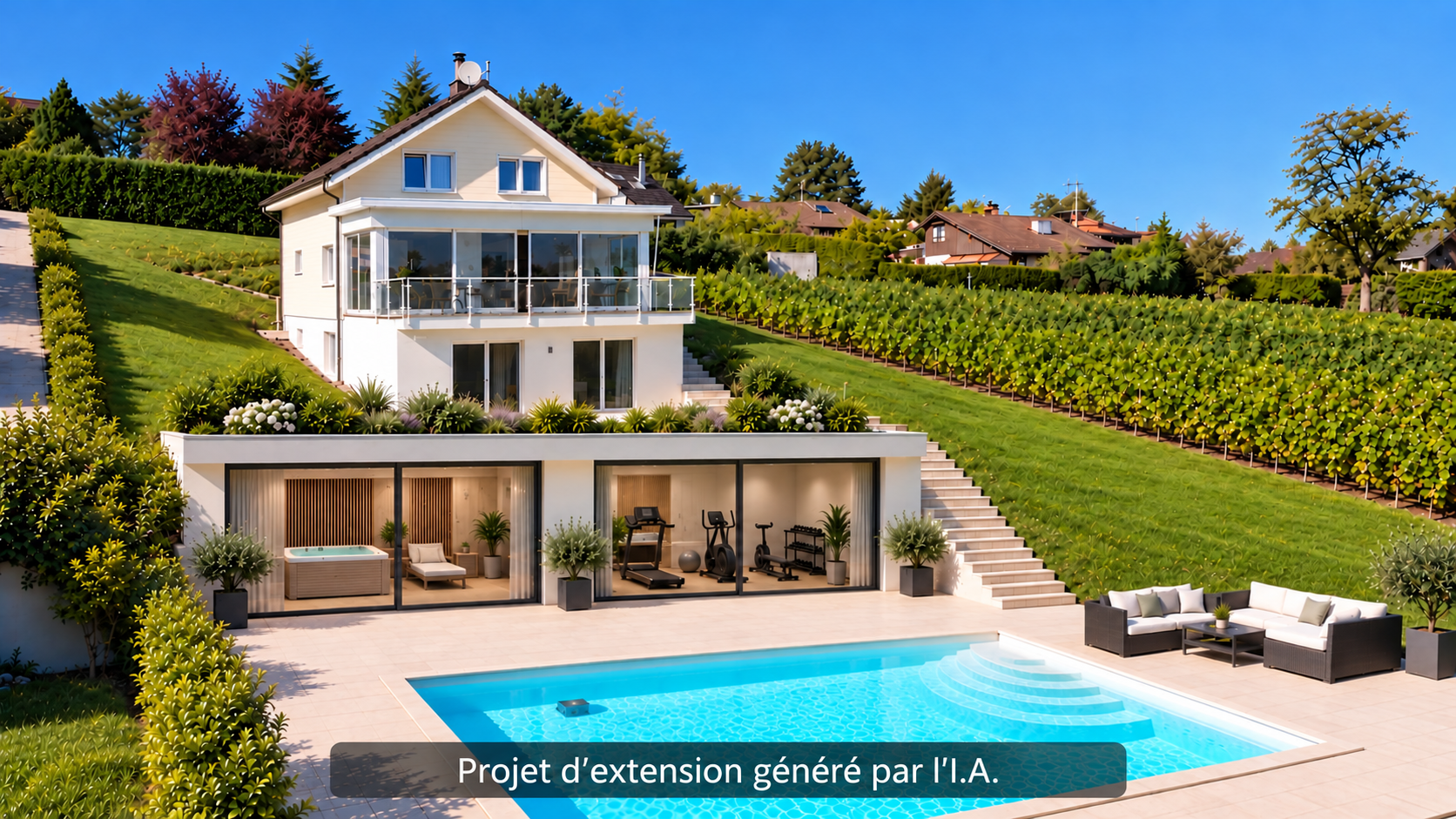 Visualisation d'une extension moderne au bord de la piscine : deux volumes vitrés, un espace bien-être et une salle de sport, toiture végétalisée
